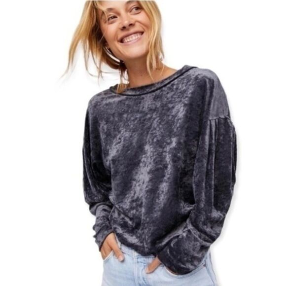 We The Free Milan Crushed Velvet Gray Top Y2K Soft Grunge Boho Lounge Pullover M - Picture 1 of 6
